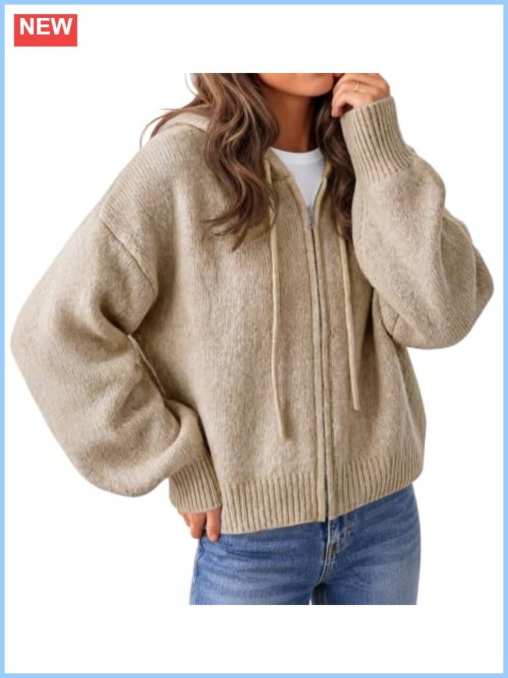 Zip Up Hooded Cardigan Sweater Knit Jacket with Drawstring Hood